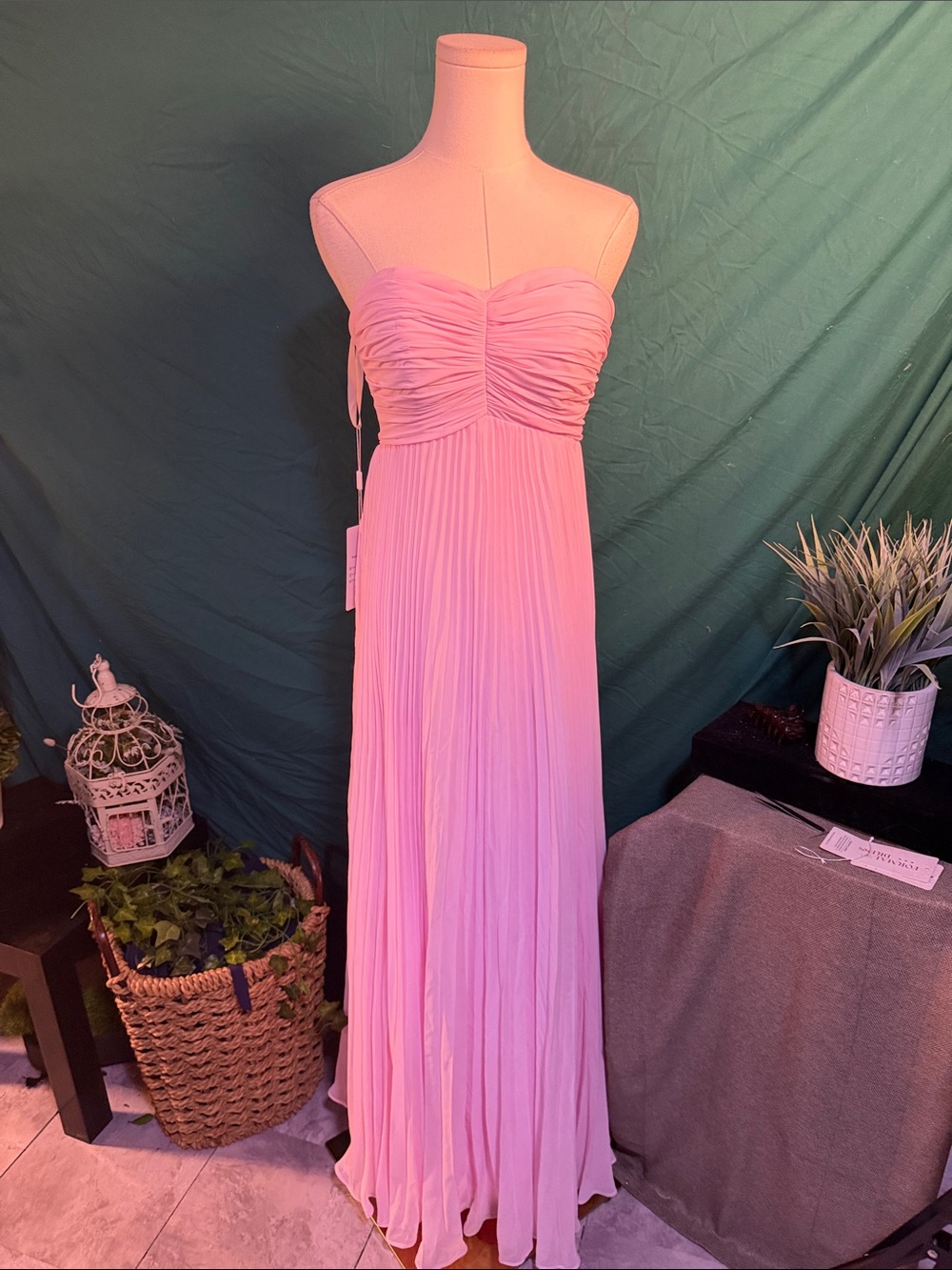 Strapless Pink Pleated Maxi Dress